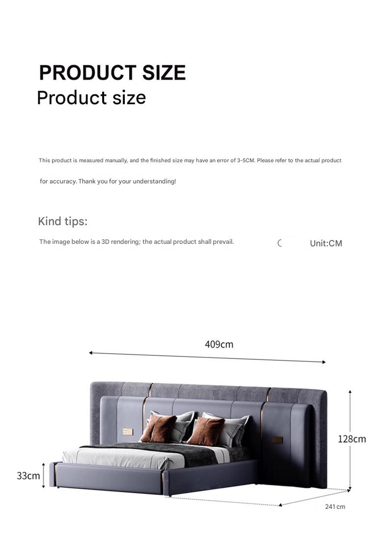Italian Luxury Leather King Size Bed with Wide Headboard