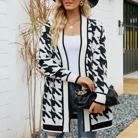 Houndstooth Ribbed Trim Cardigan