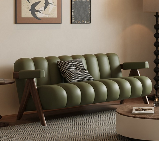 Modern Barrel Tufted Leather Sofa with Wooden Frame