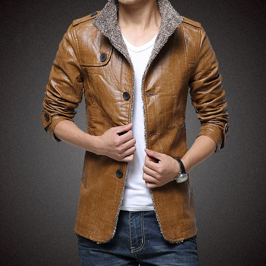 Mens Leather Plush Warm Mid Long Jacket 1