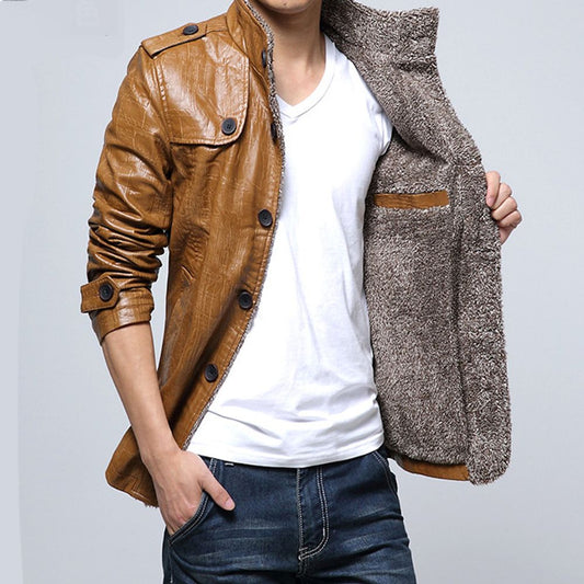 Mens Leather Plush Warm Mid Long Jacket 2