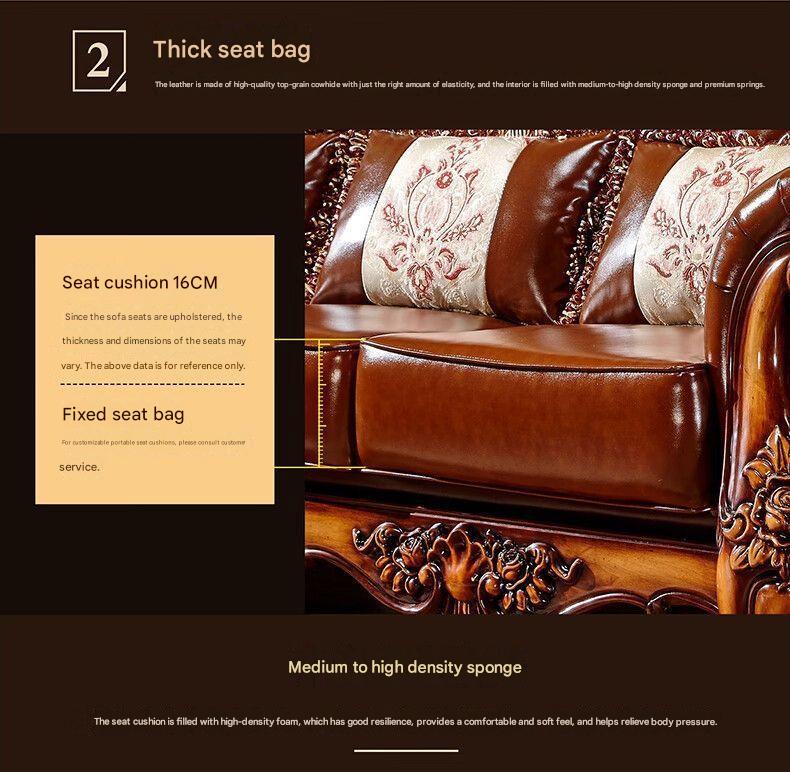 Luxury European Wooden Leather Sofa Set With Coffee Table