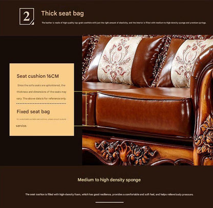 Luxury European Wooden Leather Sofa Set With Coffee Table