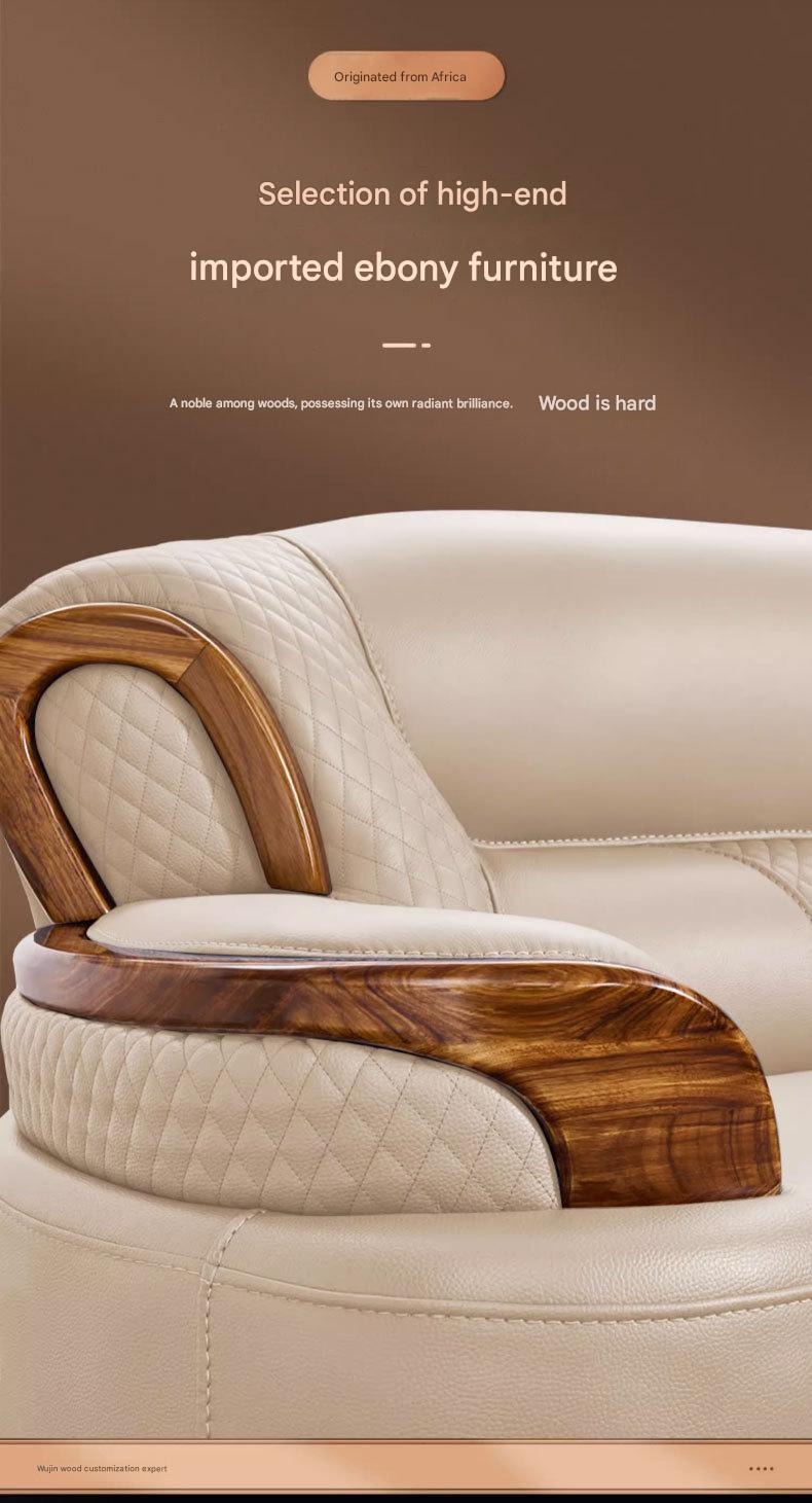 Italian Luxury Ebony Solid Wood Leather Sofa Set