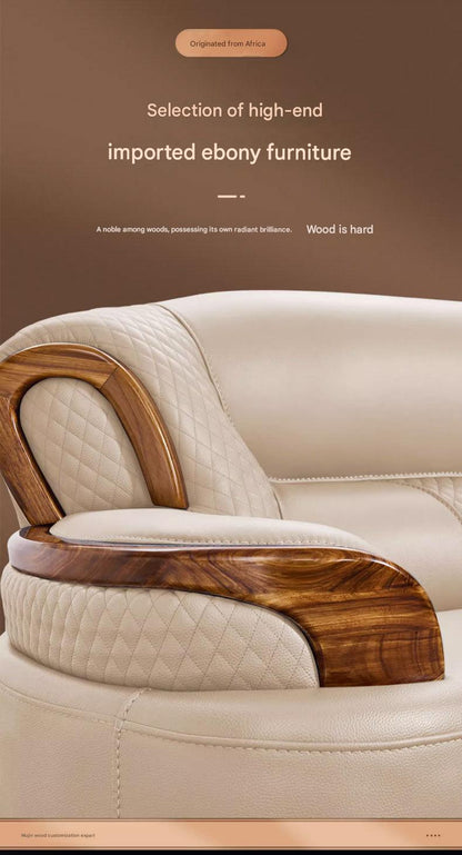 Italian Luxury Ebony Solid Wood Leather Sofa Set