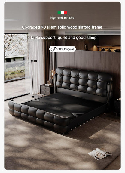 Luxury Italian Leather Bed with Tufted Cushion Headboard