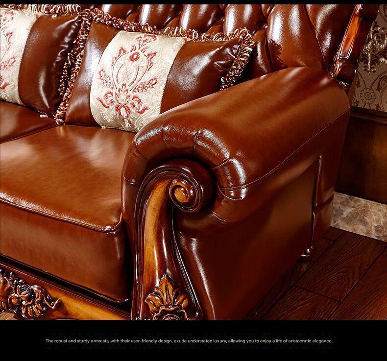 Luxury European Wooden Leather Sofa Set With Coffee Table