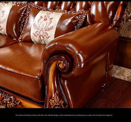 Luxury European Wooden Leather Sofa Set With Coffee Table