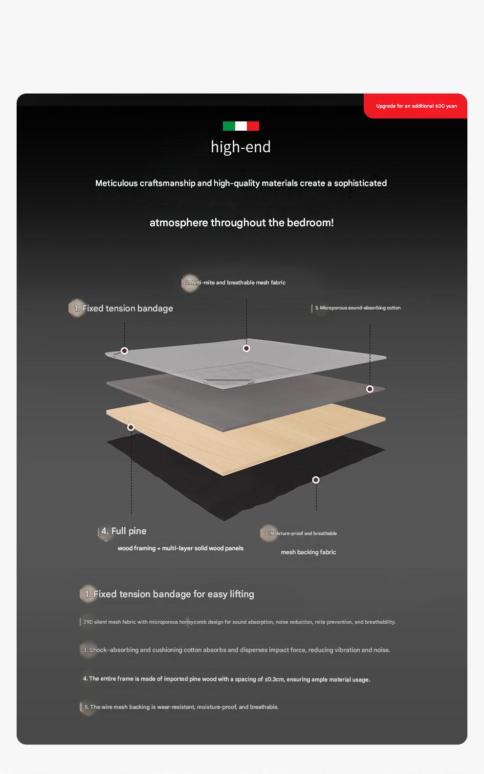 Luxury Italian Leather Bed with Tufted Cushion Headboard