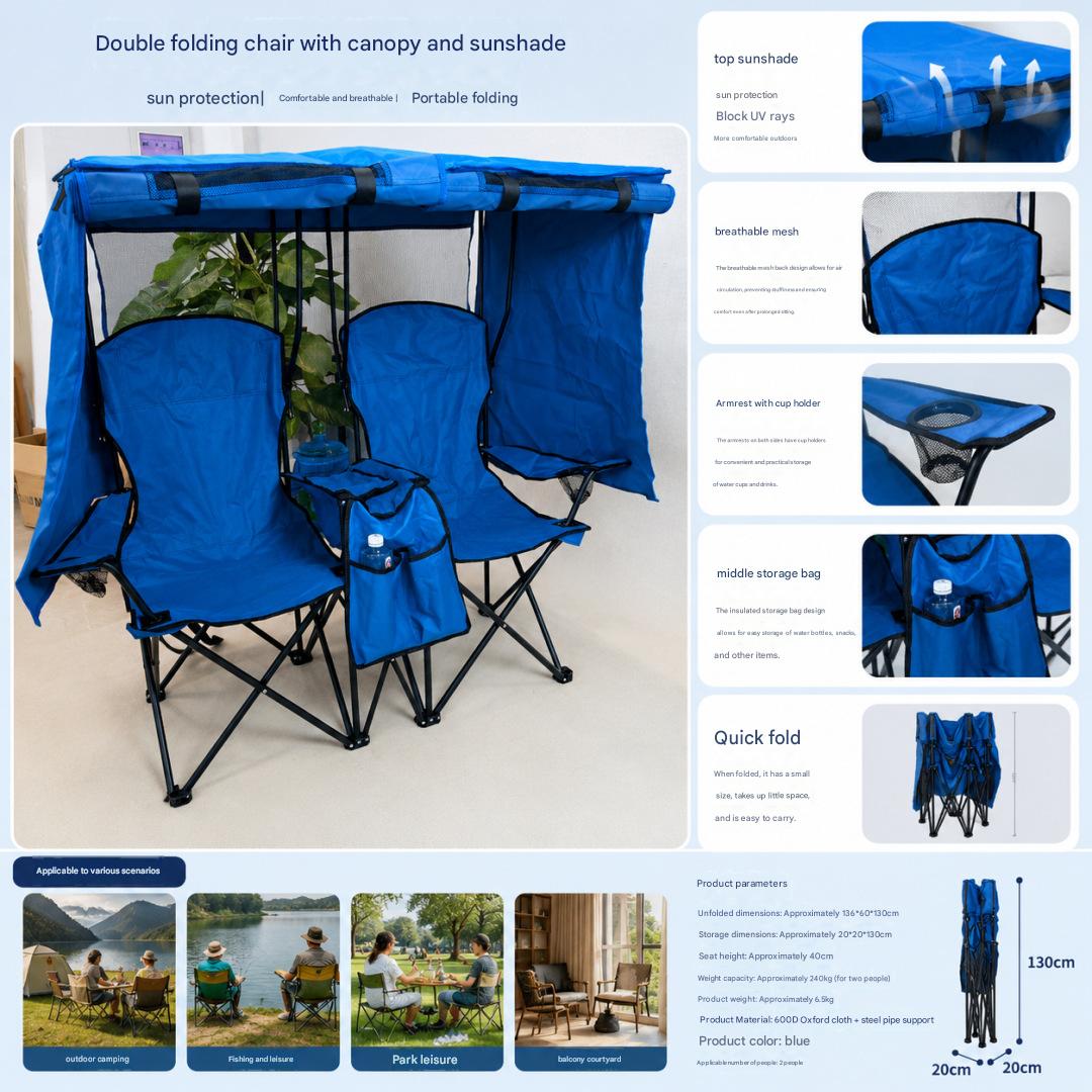 Portable Foldable Double Camping Chair with Sunshade Canopy