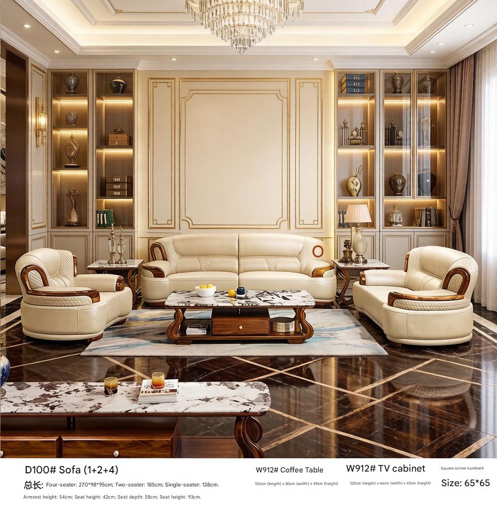 Italian Luxury Ebony Solid Wood Leather Sofa Set