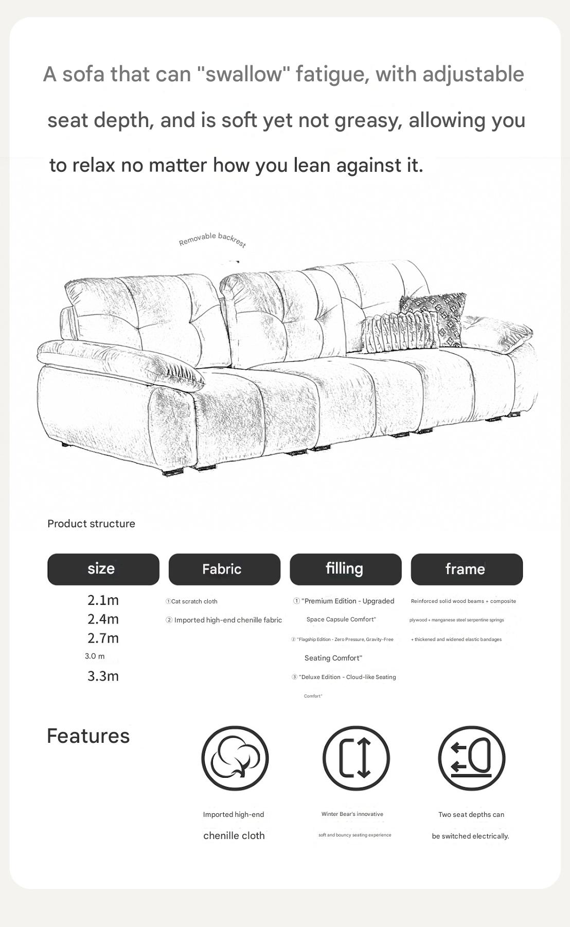 Luxury Electric Adjustable Backrest Chenille Cloud Fabric Sofa