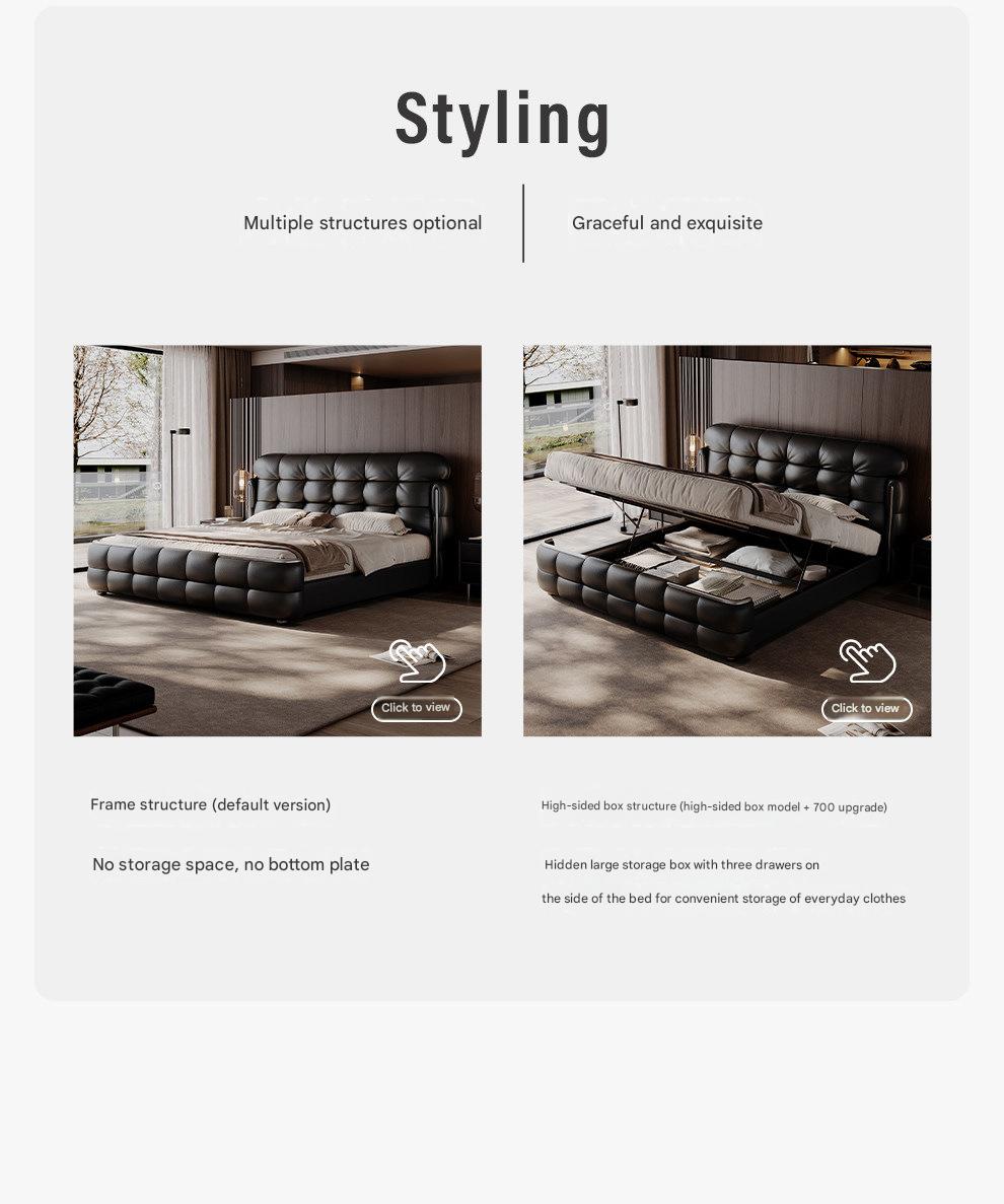 Luxury Italian Leather Bed with Tufted Cushion Headboard