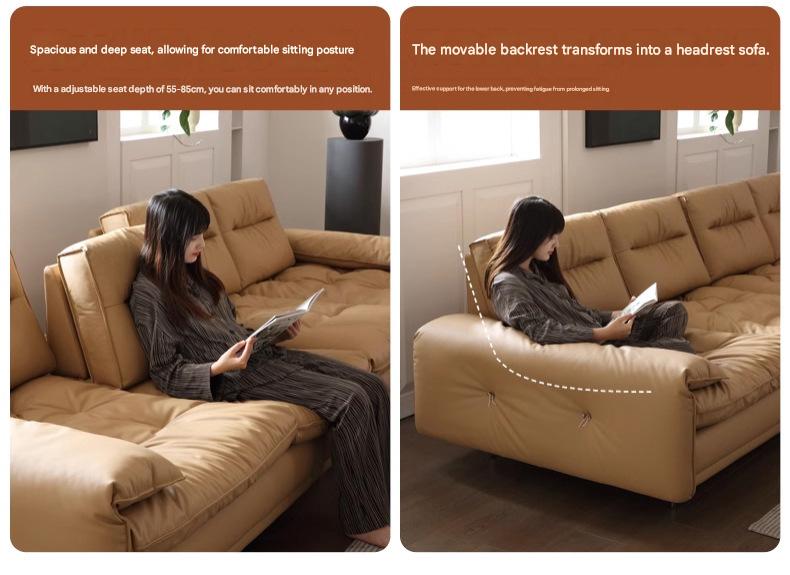 Luxury Adjustable Backrest caramel Toast Top Layer Leather Sofa