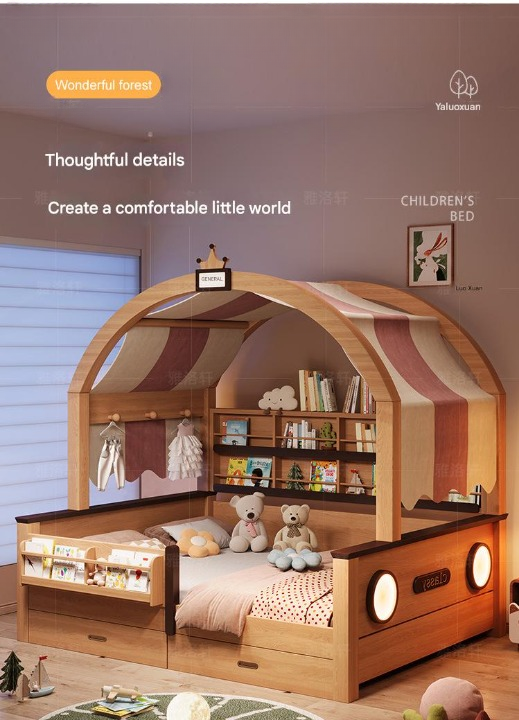 Luxury Solid Wood Kids Canopy Bed with Storage