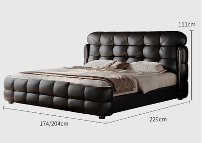 Luxury Italian Leather Bed with Tufted Cushion Headboard