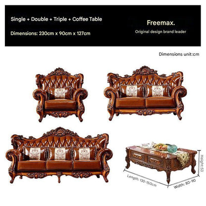 Luxury European Wooden Leather Sofa Set With Coffee Table