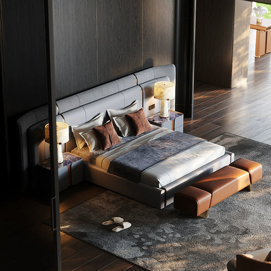 Italian Luxury Leather King Size Bed with Wide Headboard
