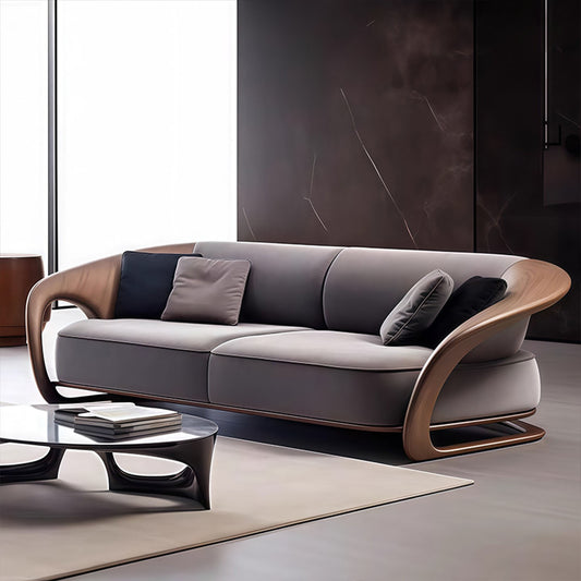 Modern Curved Sofa with Wooden Armrests