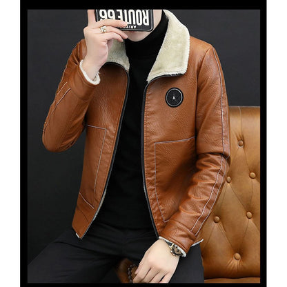 Mens Plush Thickened Leather Jacket