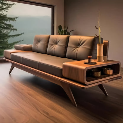 Luxury Walnut Wooden Sofa Set with Built-In Side Storage