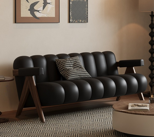 Modern Barrel Tufted Leather Sofa with Wooden Frame