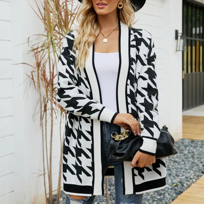 Houndstooth Ribbed Trim Cardigan