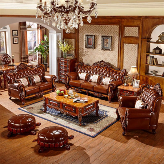 Luxury European Wooden Leather Sofa Set With Coffee Table