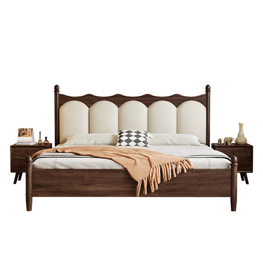 Retro Wooden Storage Bed with Padded Leather Backrest