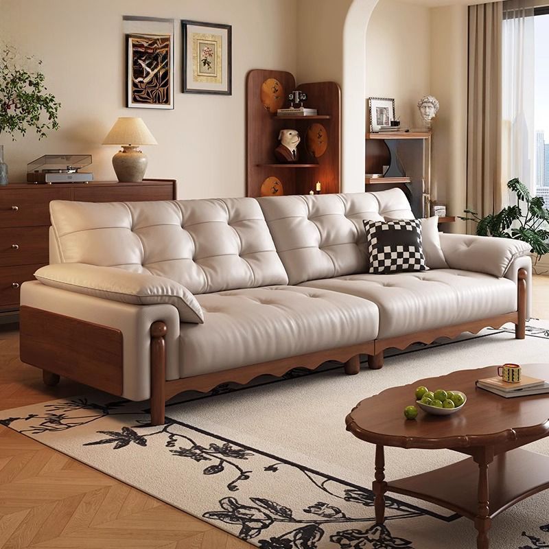 Retro Wooden Leather Sofa