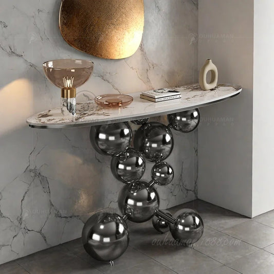 Light Luxury Rock Slab Sofa Table With Stainless Steel Base
