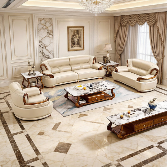 Italian Luxury Ebony Solid Wood Leather Sofa Set