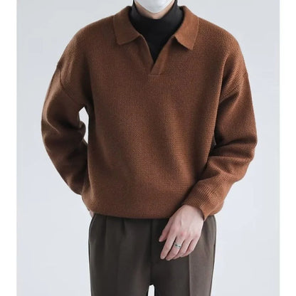 Mens Casual Long Sleeve Lapel Knitted Sweater