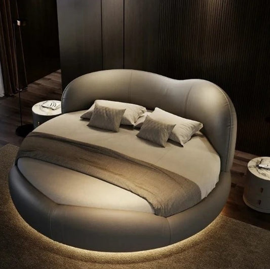 Luxury Round Leather Bed With LED