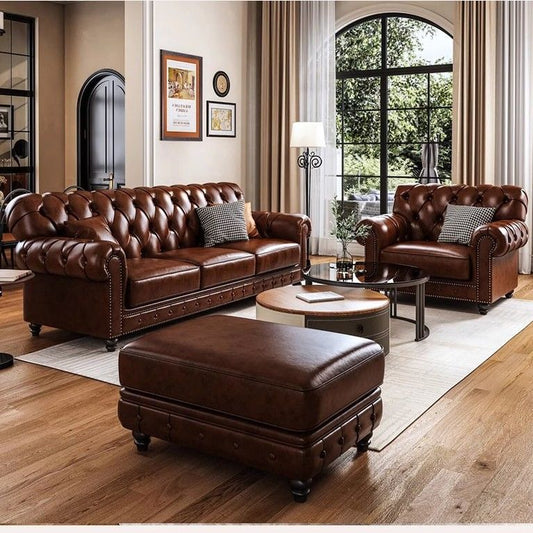 Classic Vintage Tufted Leather Sofa Set