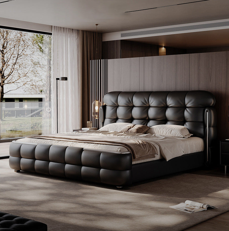 Luxury Italian Leather Bed with Tufted Cushion Headboard