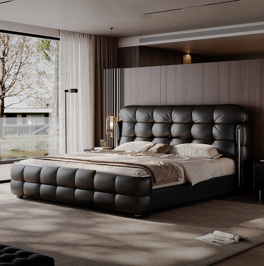 Luxury Italian Leather Bed with Tufted Cushion Headboard