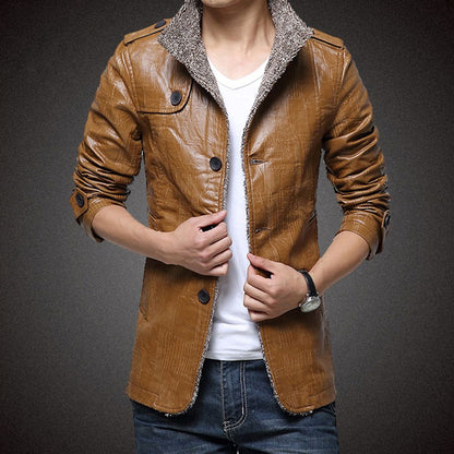 Mens Leather Plush Warm Mid Long Jacket