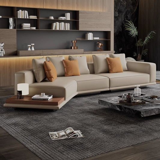 Italian Horizonte Flat Floor Leather Sofa With Side Cabinet