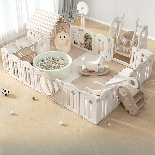 Luxury Beige Baby Fence Set with Horse & Ball Pool