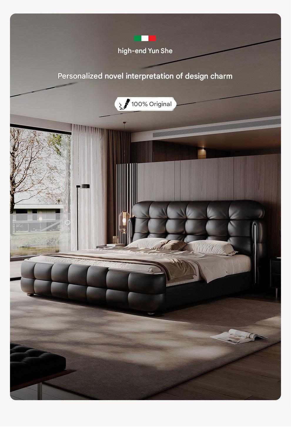 Luxury Italian Leather Bed with Tufted Cushion Headboard
