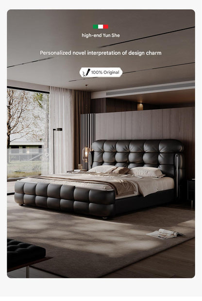 Luxury Italian Leather Bed with Tufted Cushion Headboard