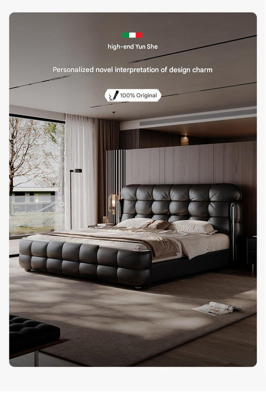 Luxury Italian Leather Bed with Tufted Cushion Headboard