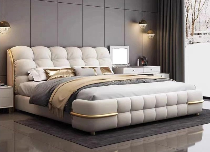 Luxury Upholstered Double Leather Bed with Storage