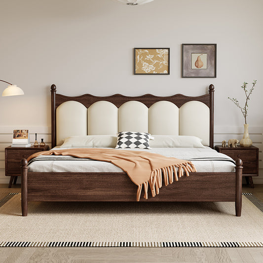 Retro Wooden Storage Bed with Padded Leather Backrest