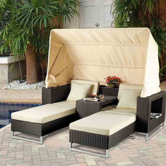 Luxury Outdoor Rattan Daybed Sofa with Adjustable Sunshade Canopy