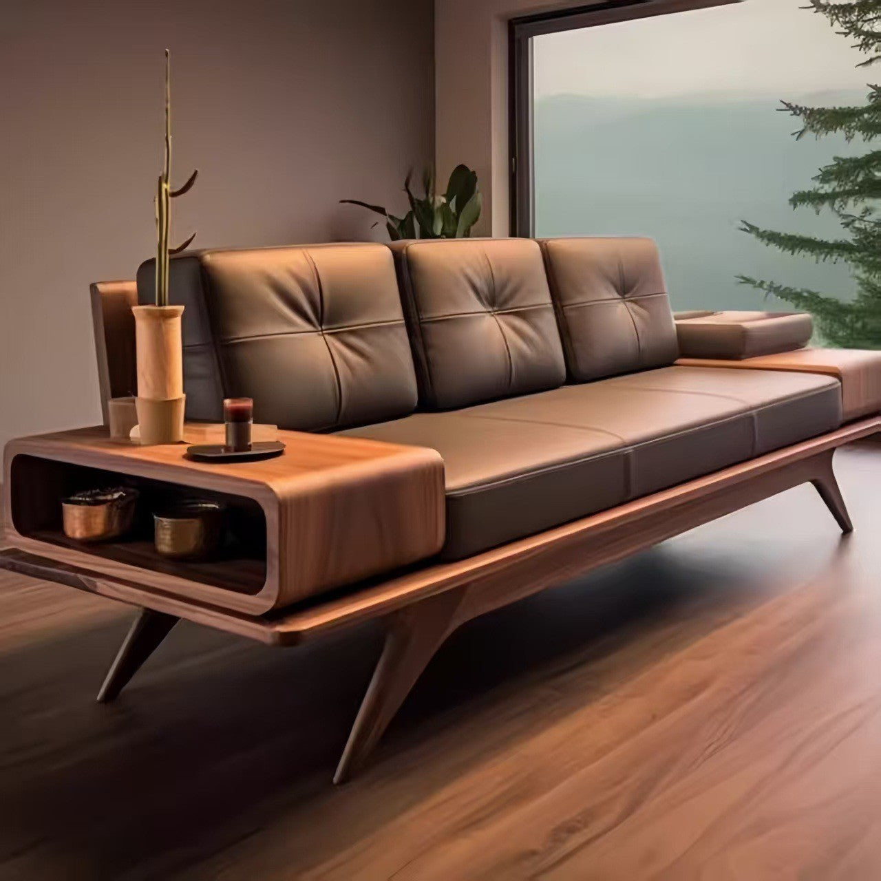 Luxury Walnut Wooden Sofa Set with Built-In Side Storage