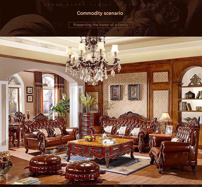 Luxury European Wooden Leather Sofa Set With Coffee Table