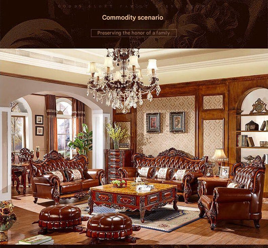 Luxury European Wooden Leather Sofa Set With Coffee Table