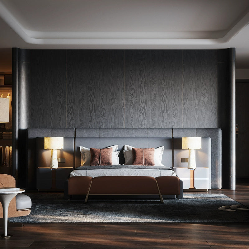 Italian Luxury Leather King Size Bed with Wide Headboard